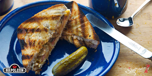 Gourmet Grilled Cheese With Spicy Salami, Caramelized Onions, Mushrooms